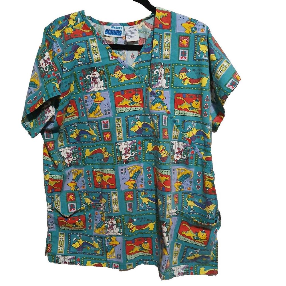 MHD Scrubs Size Large 14/16 Puppy dogs  Short sleeve Teal Green Pockets